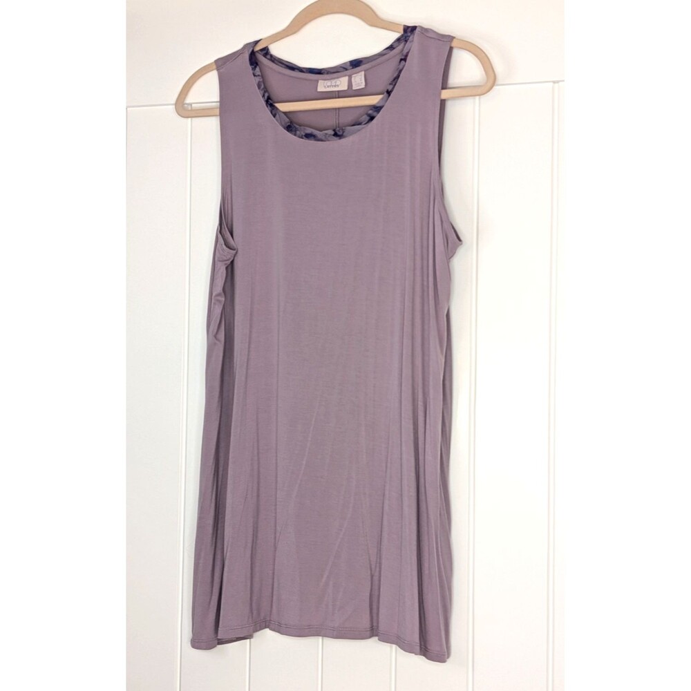 LOGO Layers Lori Goldstein Knit Tank w/Printed Chiffon Neck -Lavender,Large, EUC